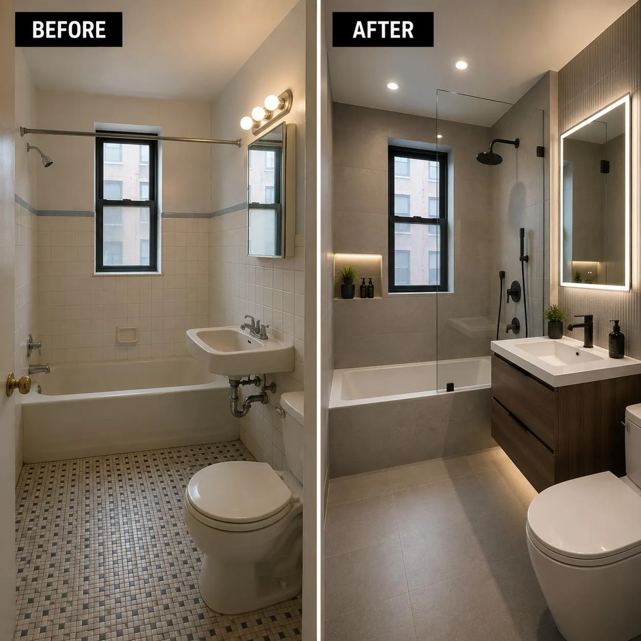 Bathroom renovation before and after - Urban Nexus Construction