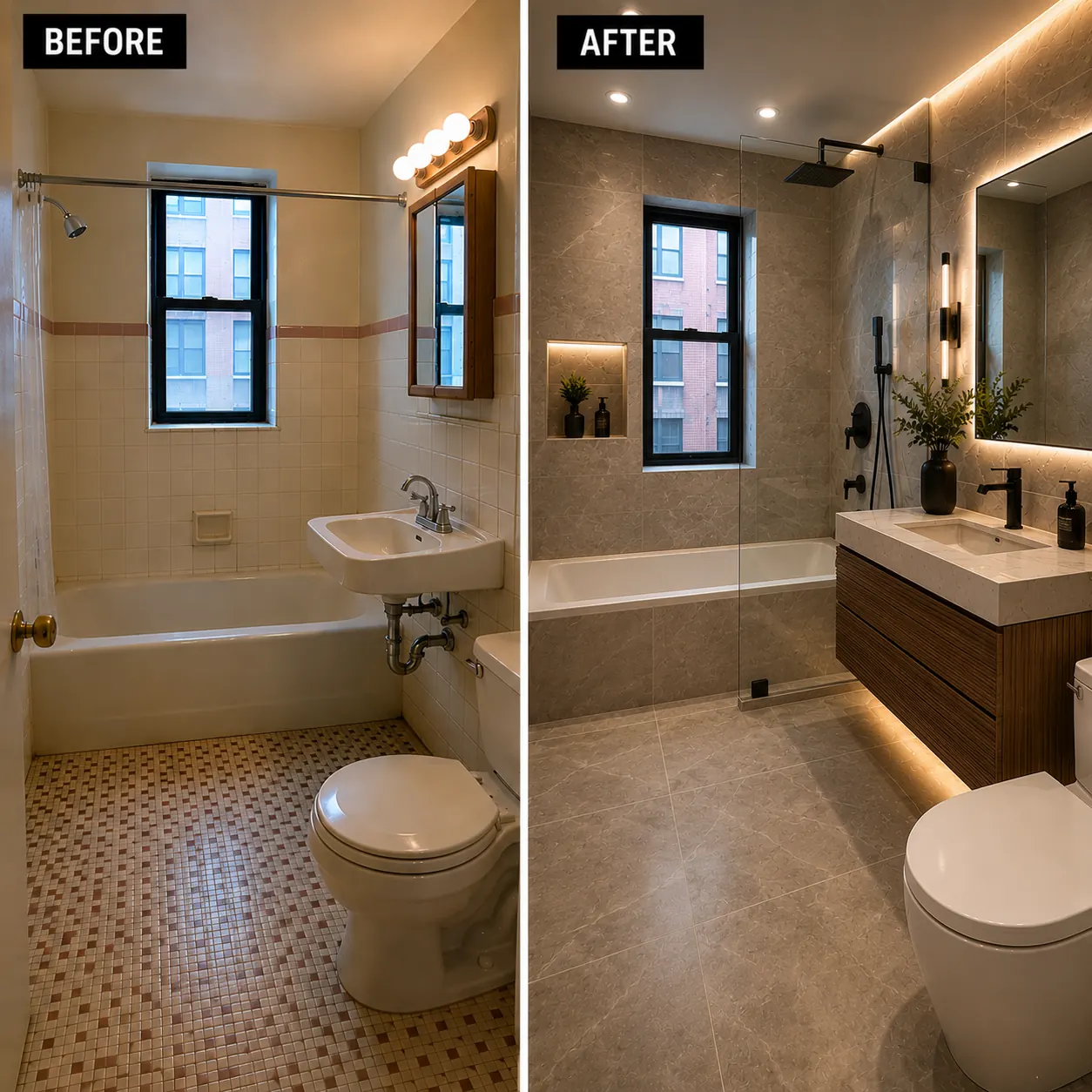 Before and after bathroom renovation in New York apartment
