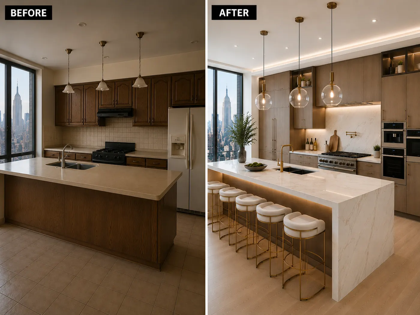 Before and after luxury Manhattan kitchen renovation